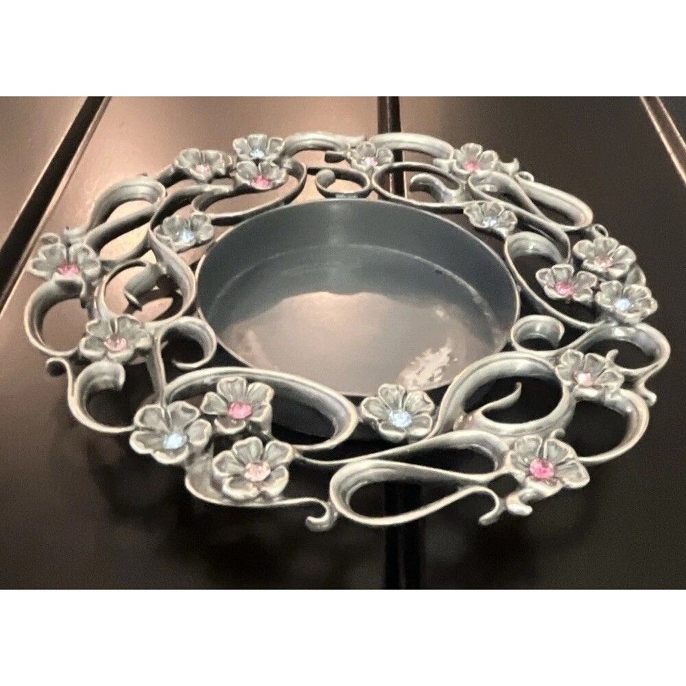 Vintage PartyLite "Jewels" Pewter Pillar Candle Holder P7474 Pink & Blue Gems